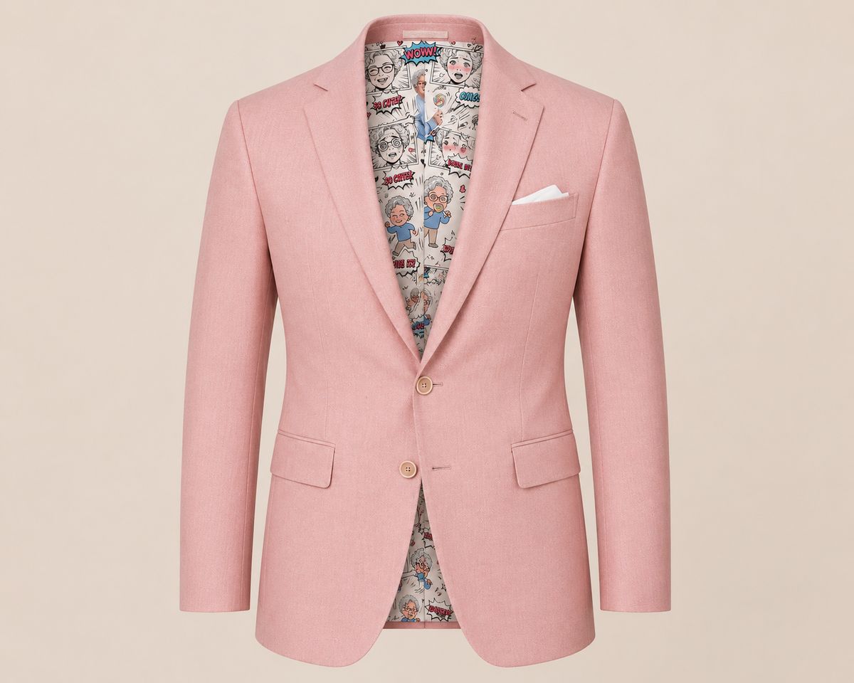 Men’s Pink Blazer with Personalized Photo Lining | Custom Wedding Suit Jacket | Luxury Tailored Formal Wear
