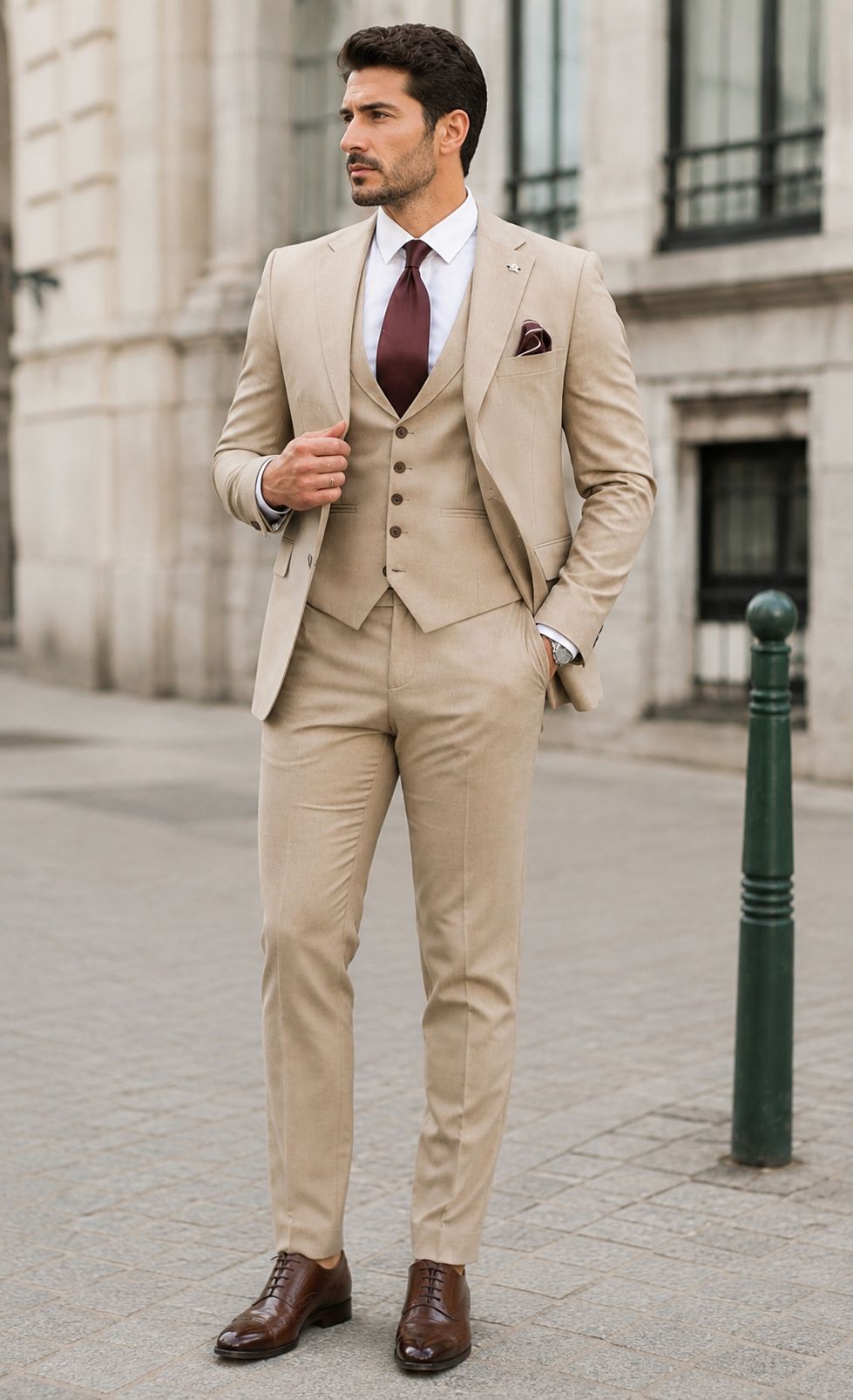Men’s Beige 3 Piece Suit Set – Linen Blend Blazer, Waistcoat & Trousers | Wedding, Groom & Formal Wear