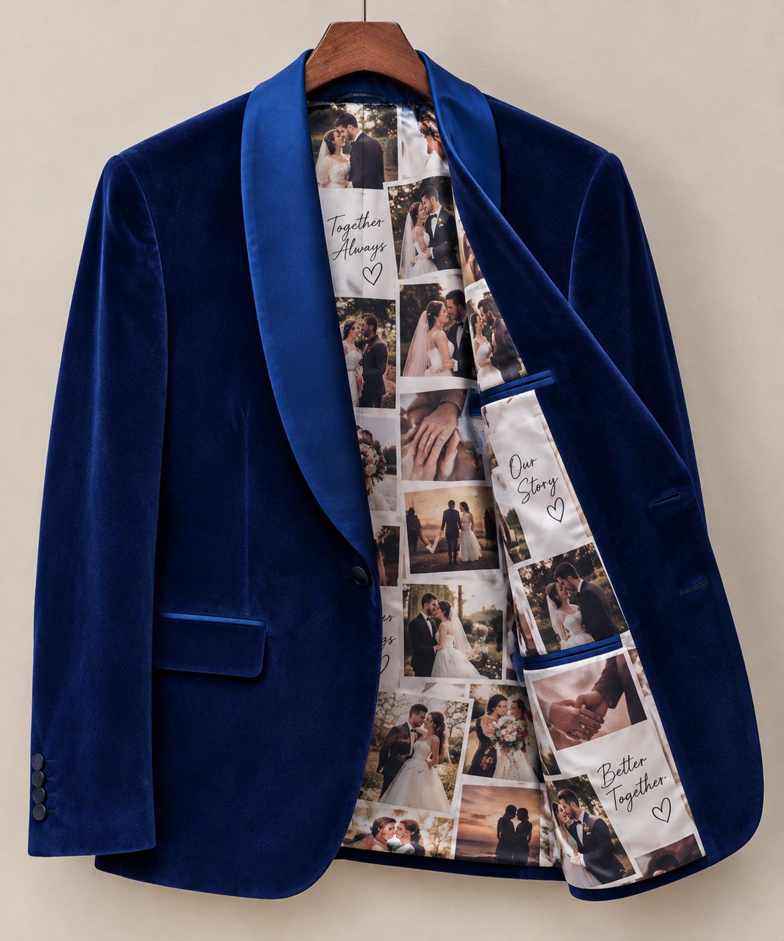 Men’s Royal Blue Velvet Blazer with Personalized Wedding Photo Lining | Custom Groom Jacket | Luxury Wedding & Formal Wear