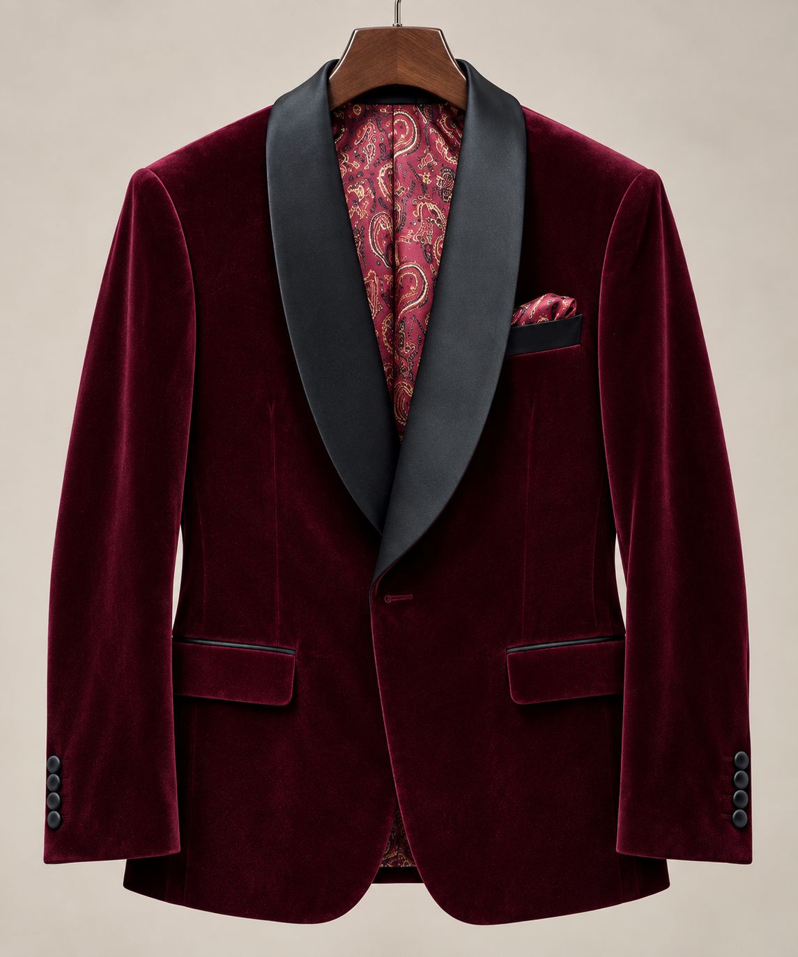 Men’s Burgundy Velvet Blazer with Black Shawl Lapel & Paisley Lining | Luxury Dinner Jacket | Wedding & Party Formal Wear