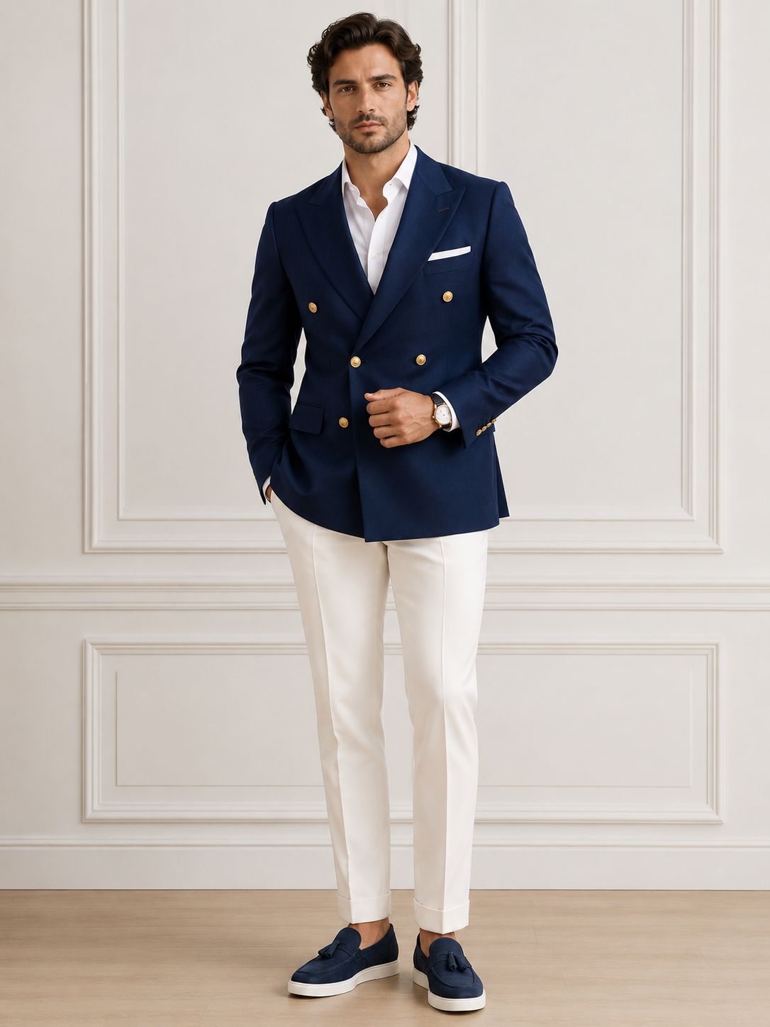 Men’s Navy Blue Double Breasted Blazer – Luxury Tailored Formal Blazer for Men with Gold Buttons | Wedding, Business & Party Wear