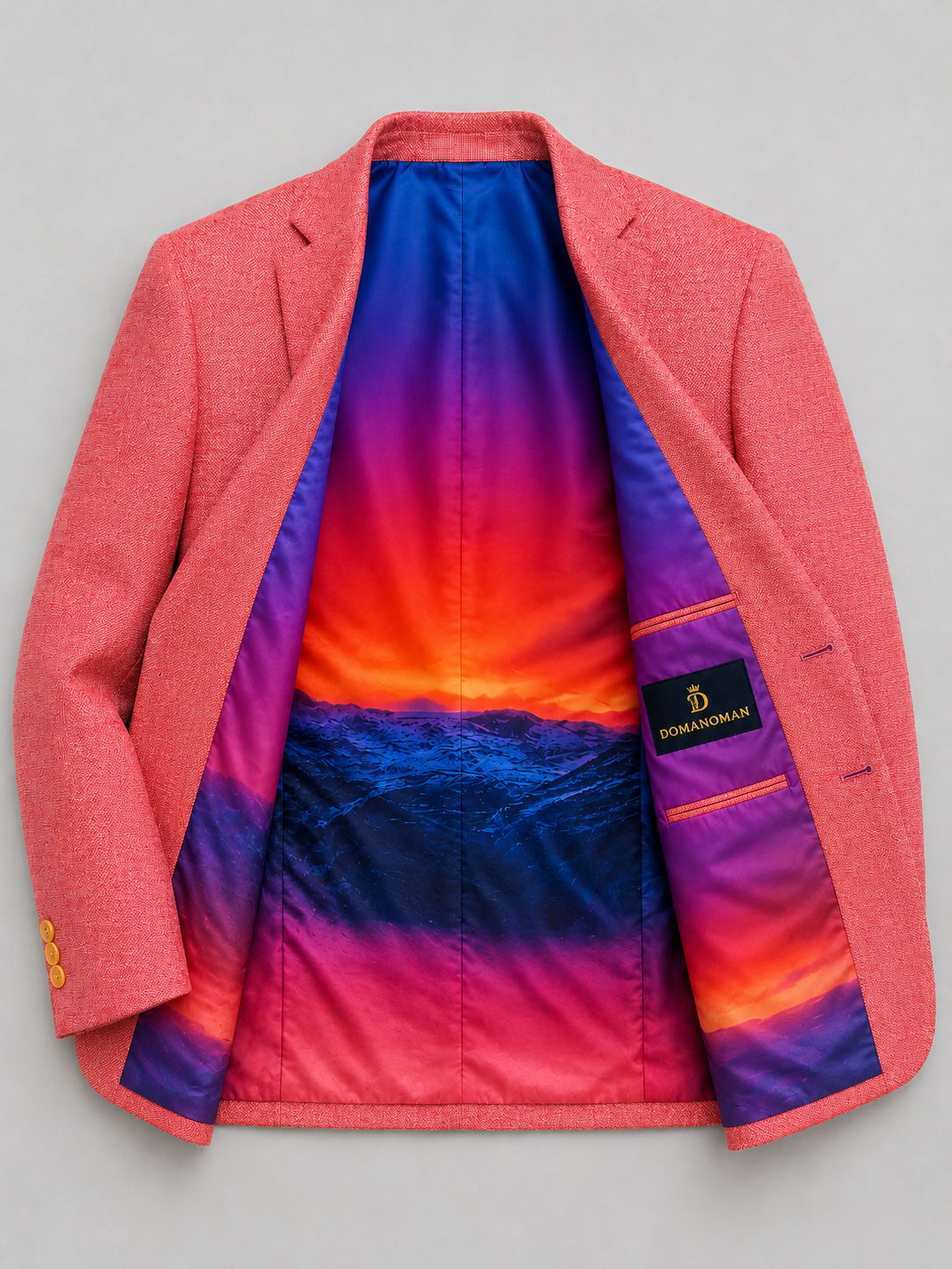 Custom Coral Pink Blazer with Personalized Photo Lining, Bespoke Mens Suit Jacket, Luxury Tailored Formal Wear