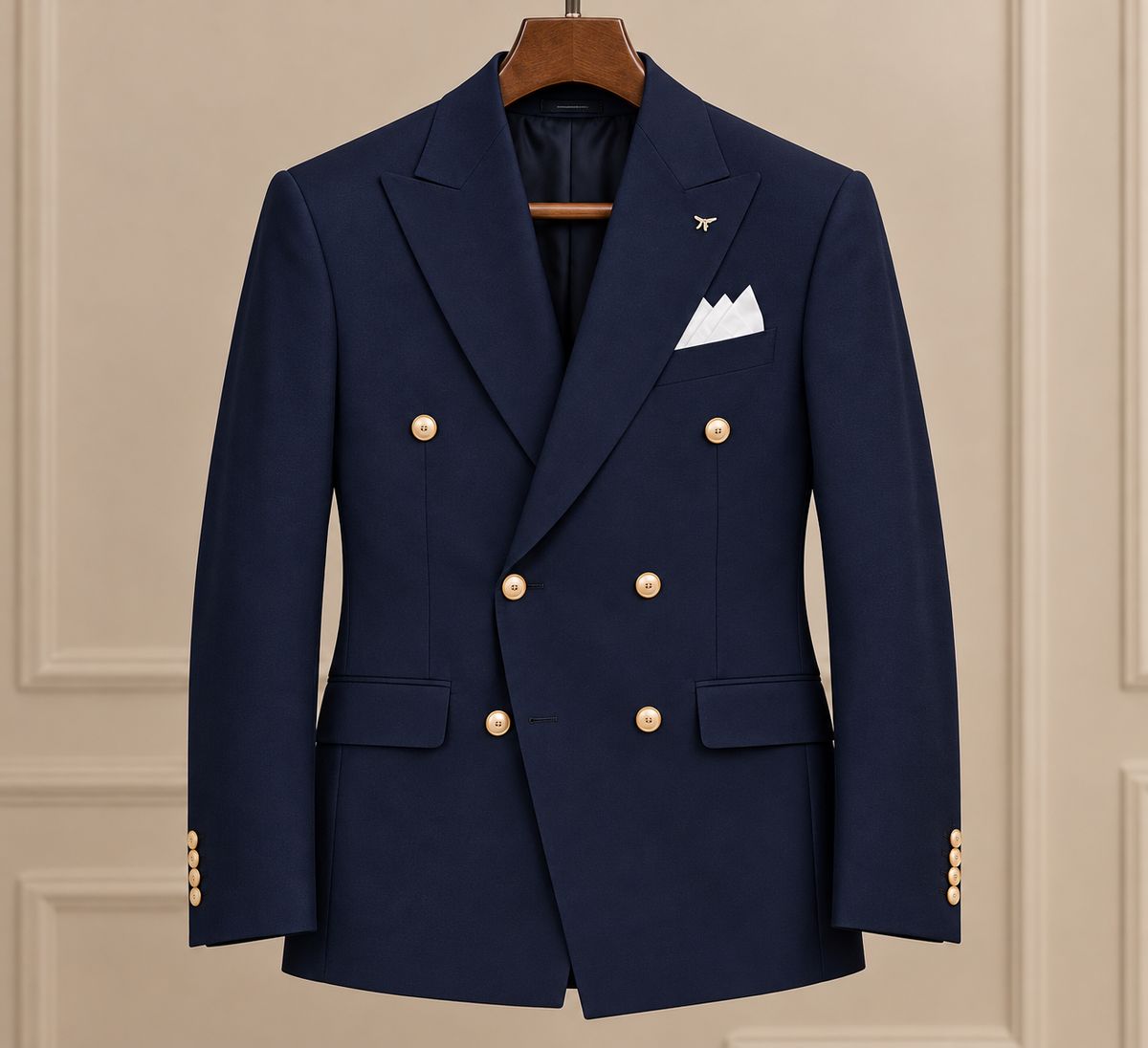Men’s Navy Blue Double Breasted Blazer – Luxury Tailored Formal Suit Jacket with Peak Lapel, Gold Buttons & Wedding Party Wear