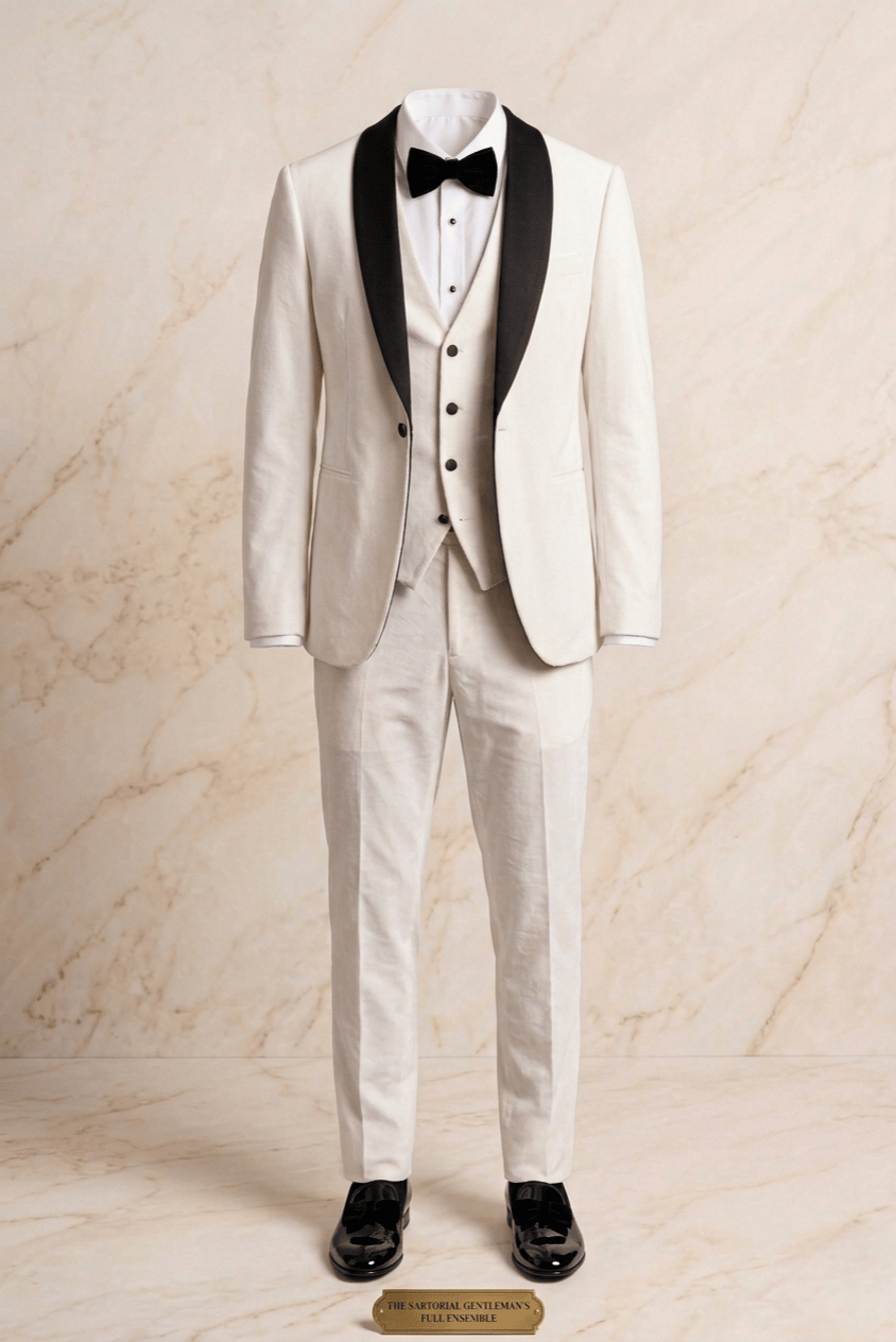 Men’s Ivory White Tuxedo 3 Piece Suit with Personalized Photo Lining | Black Shawl Lapel Wedding Groom Suit