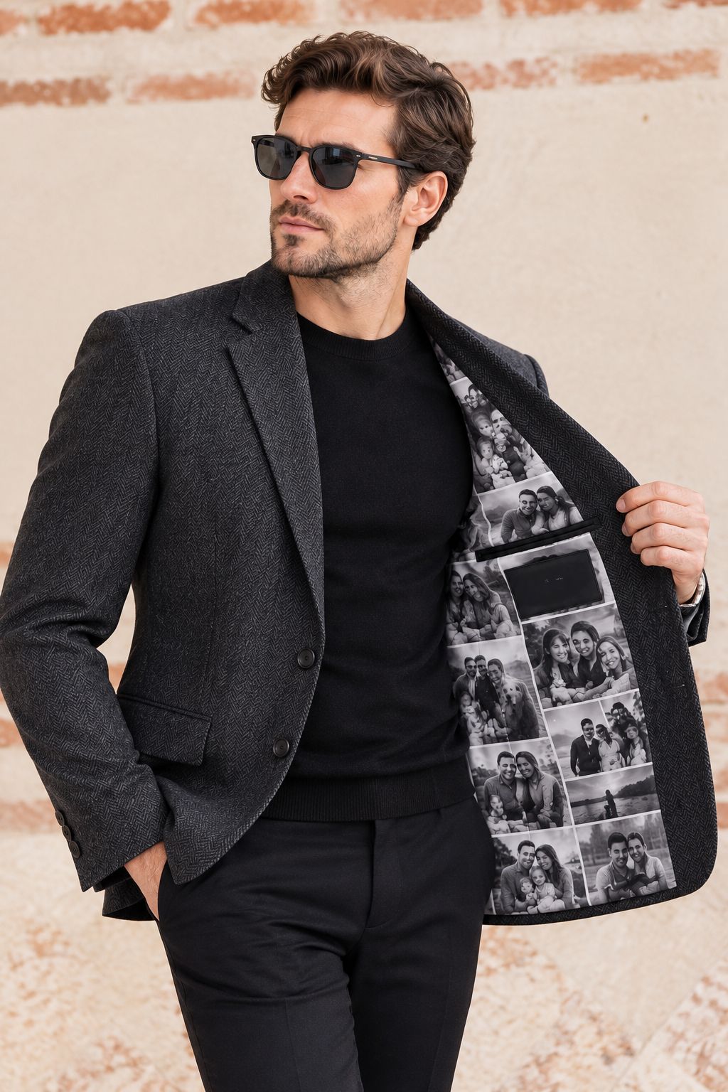 Men’s Charcoal Gray Herringbone Blazer with Personalized Photo Lining | Custom Tailored Jacket | Luxury Wedding & Formal Wear