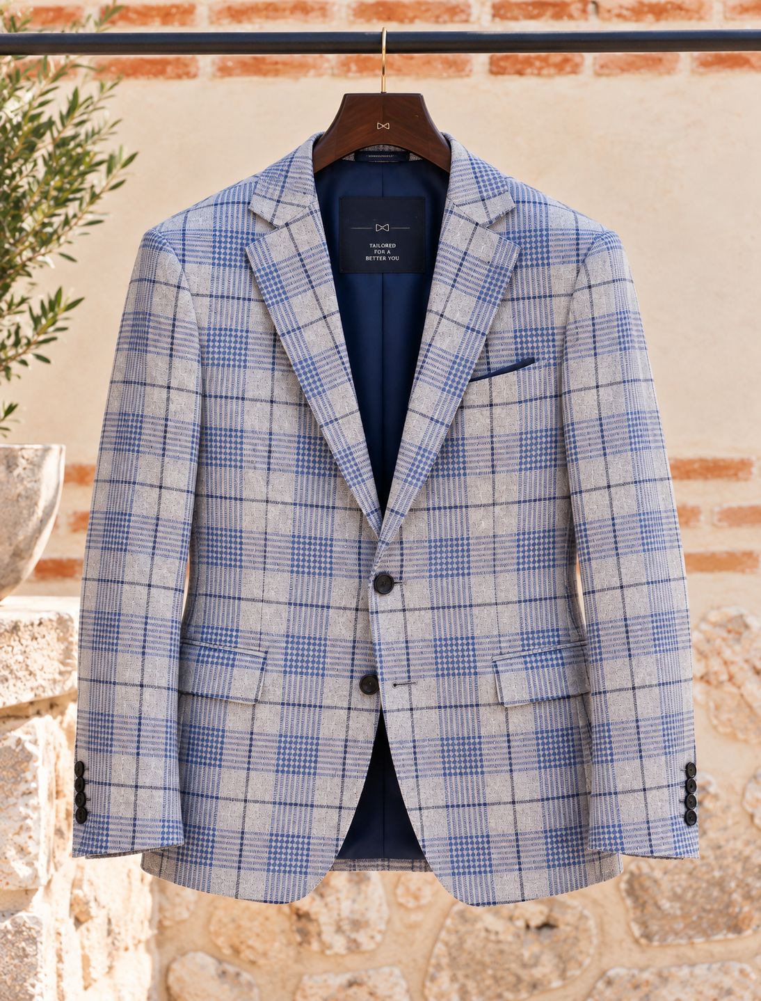 Men’s Light Blue Plaid Blazer | Blue Check Tailored Suit Jacket | Luxury Wedding, Party & Formal Wear