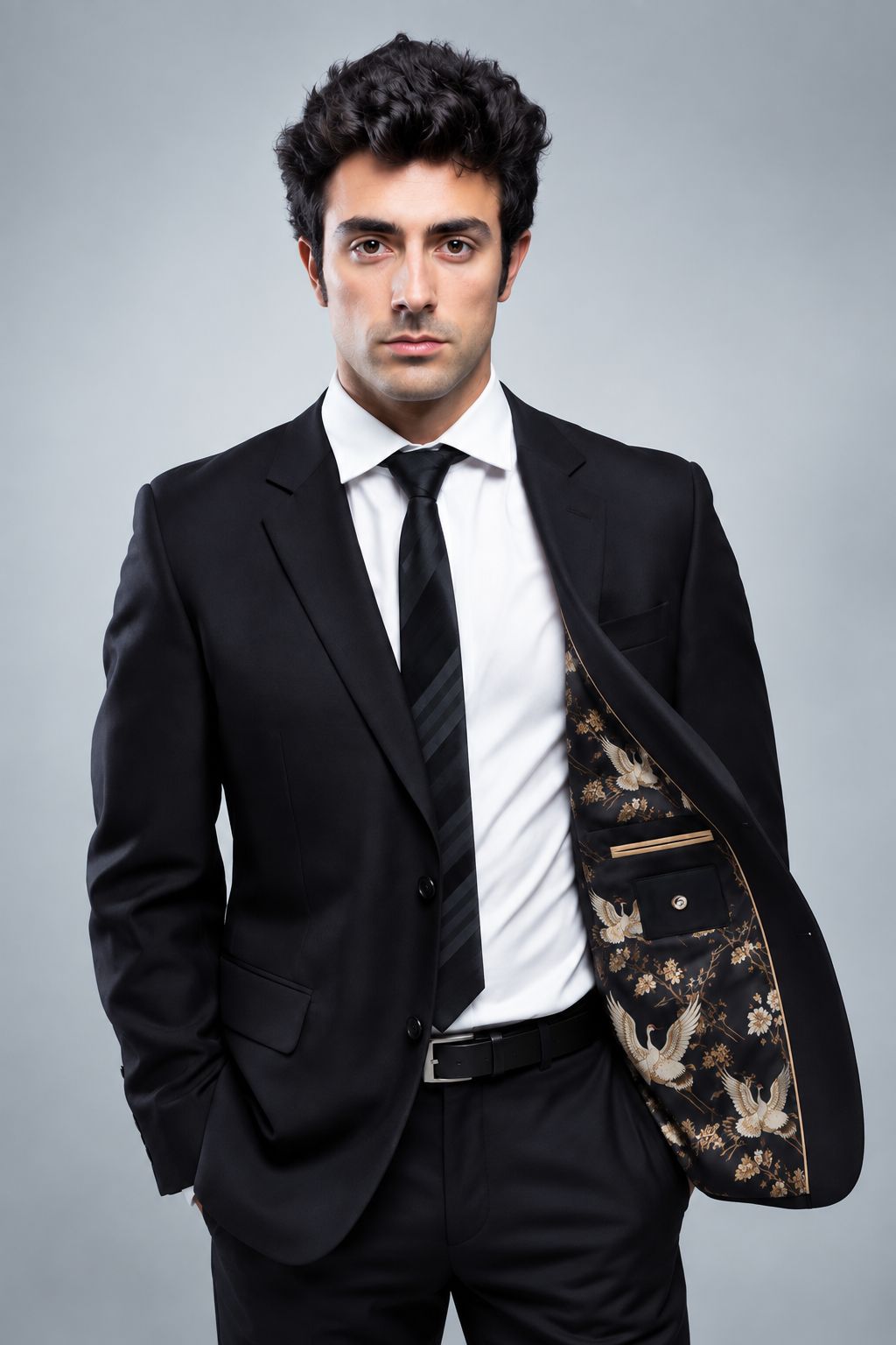 Men’s Black Blazer with Crane & Floral Printed Lining | Custom Tailored Suit Jacket | Luxury Wedding & Formal Wear