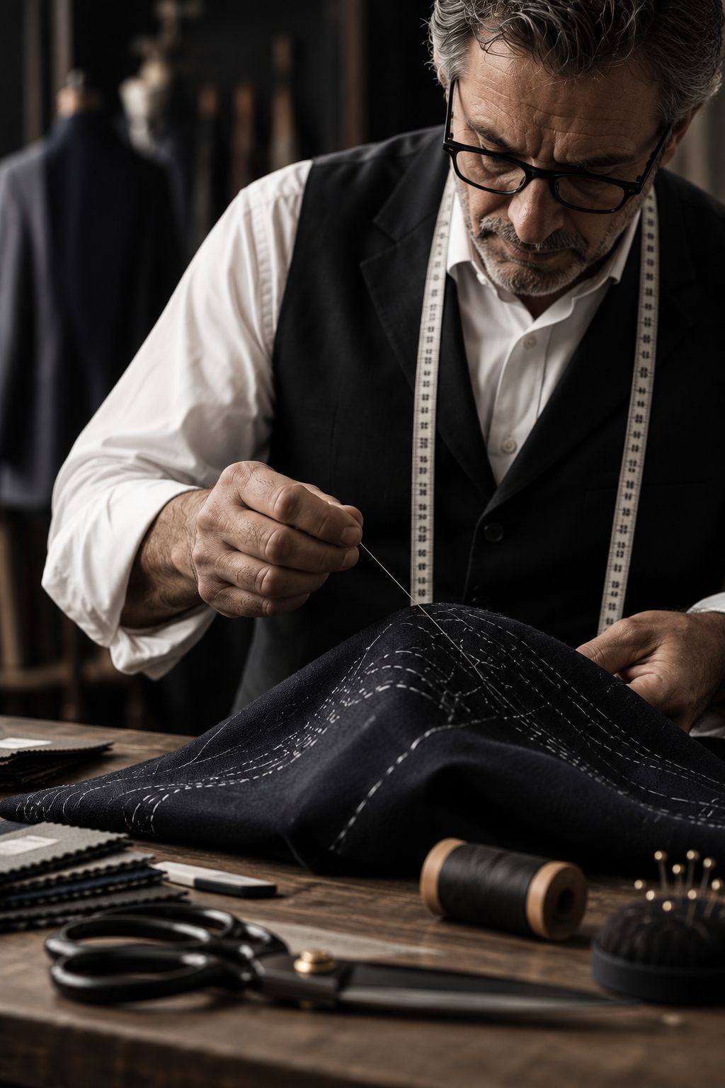 Domano Man tailor hand-finishing a custom suit