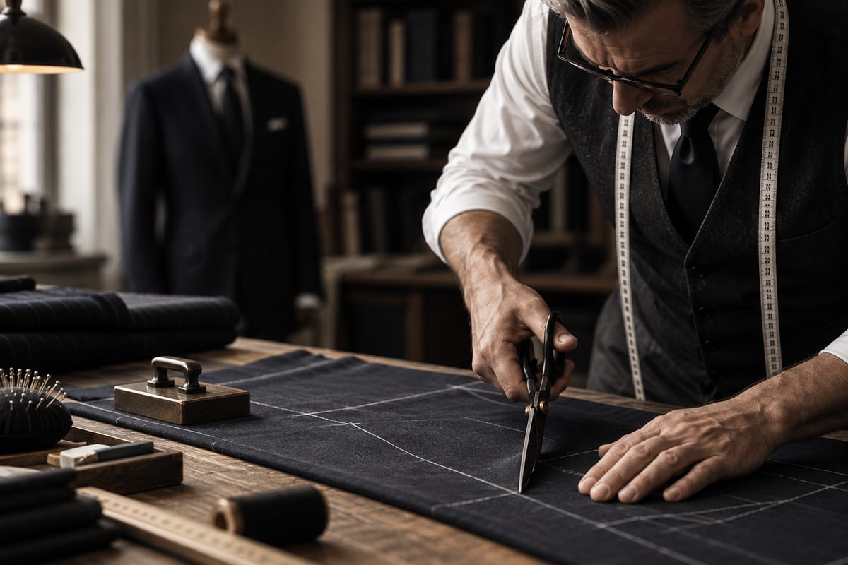 Master tailor hand-stitching a jacket lapel at his atelier bench